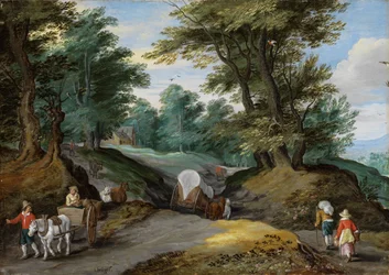 Wooded Landscape with Horse Carts and Farmers